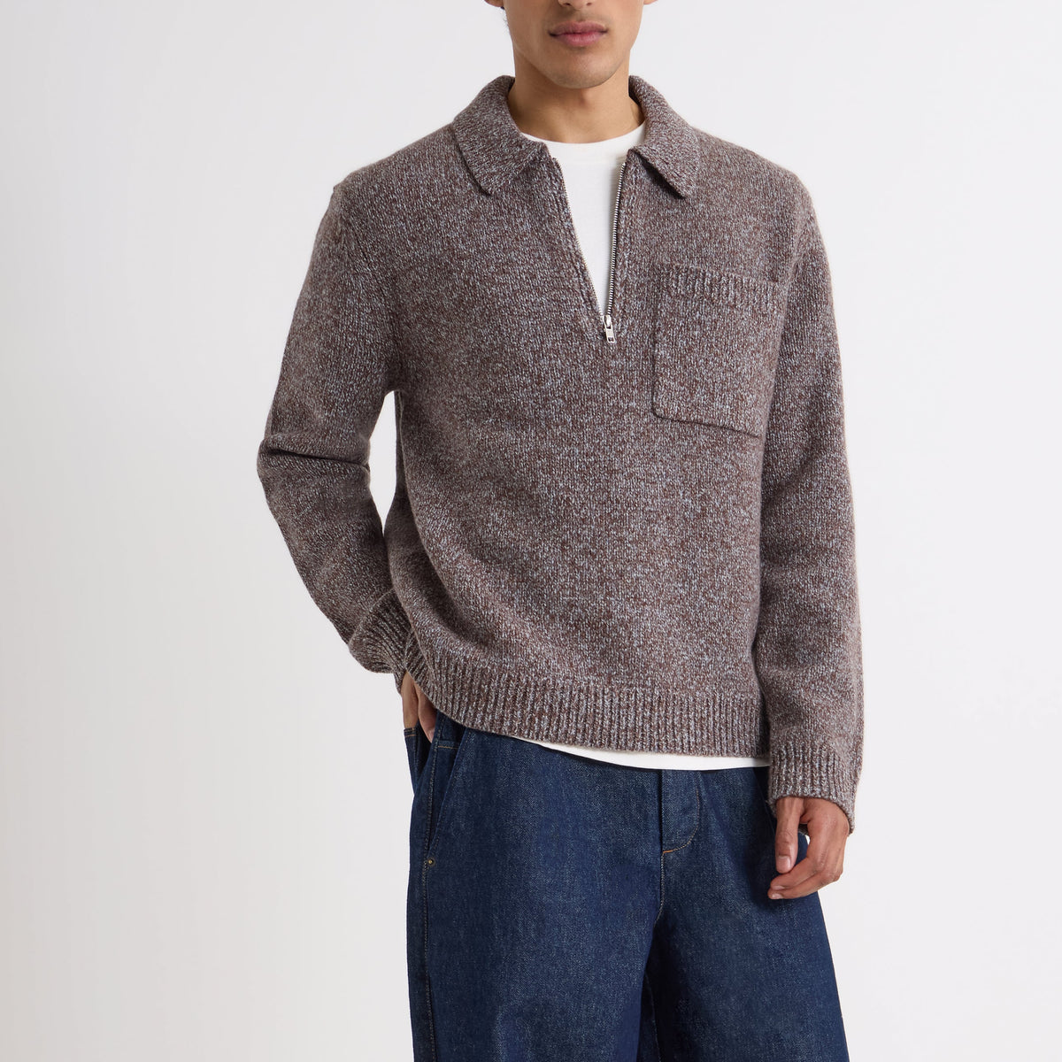 Wax London Alpha Zip Polo Twisted Fleck Brown Grey Knit