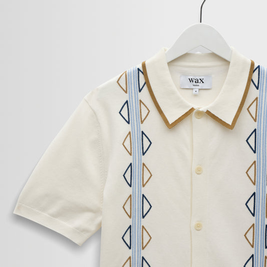 Wax London Tellaro Retro Embroidery Ecru Blue SS Shirt