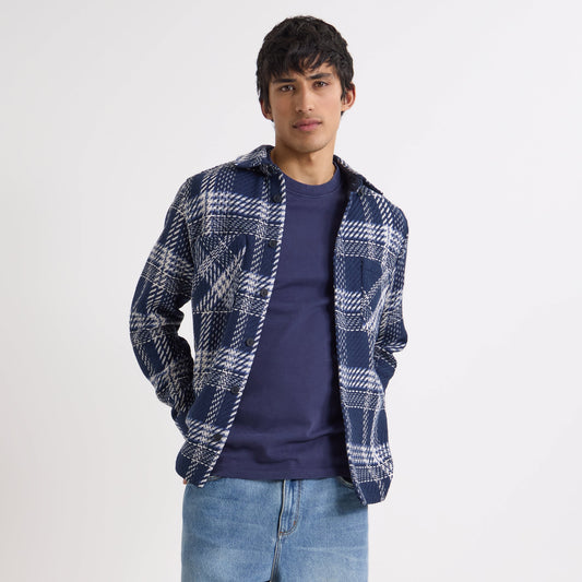 Wax London Whiting Plaid Weave Navy Ecru Overshirt