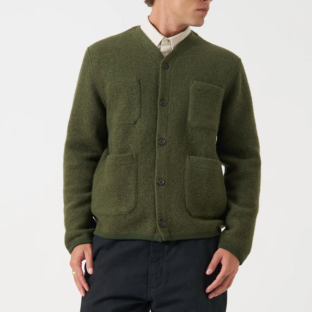 Universal Works Wool Fleece Olive Cardigan