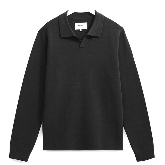 Wax London Carter Open Collar Polo Black Knit