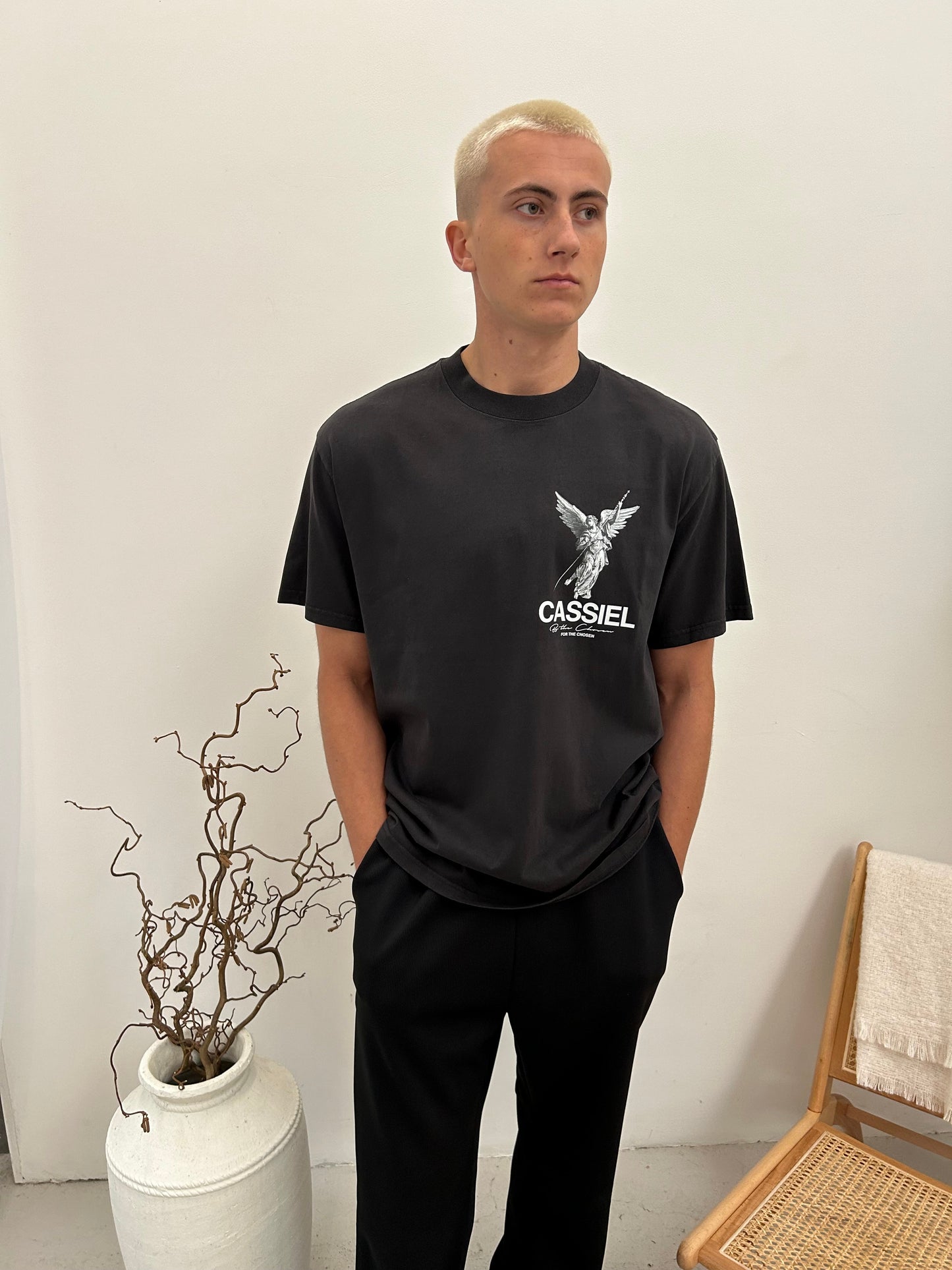 Cassiel Fleur De Lis Angel Back Print Faded Black Tee