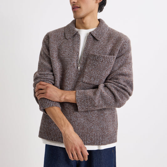 Wax London Alpha Zip Polo Twisted Fleck Brown Grey Knit