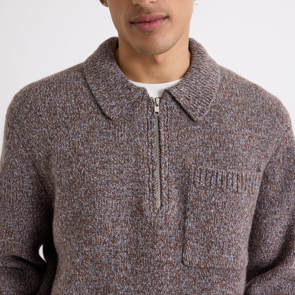 Wax London Alpha Zip Polo Twisted Fleck Brown Grey Knit