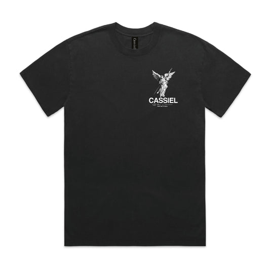 Cassiel Clo Fleur De Lis Angel Back Print Faded Black Tee