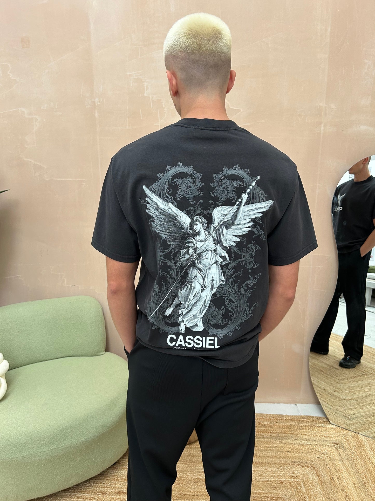 Cassiel Fleur De Lis Angel Back Print Faded Black Tee