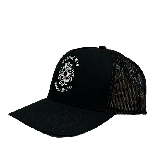Cassiel Cross Embroidered Black Trucker Cap