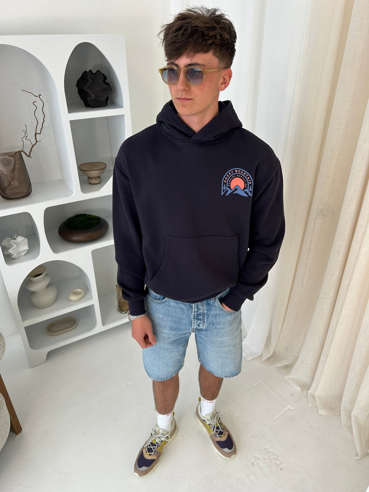Cassiel Clo Rocky Mountain Navy Box Hoodie Sweatshirt