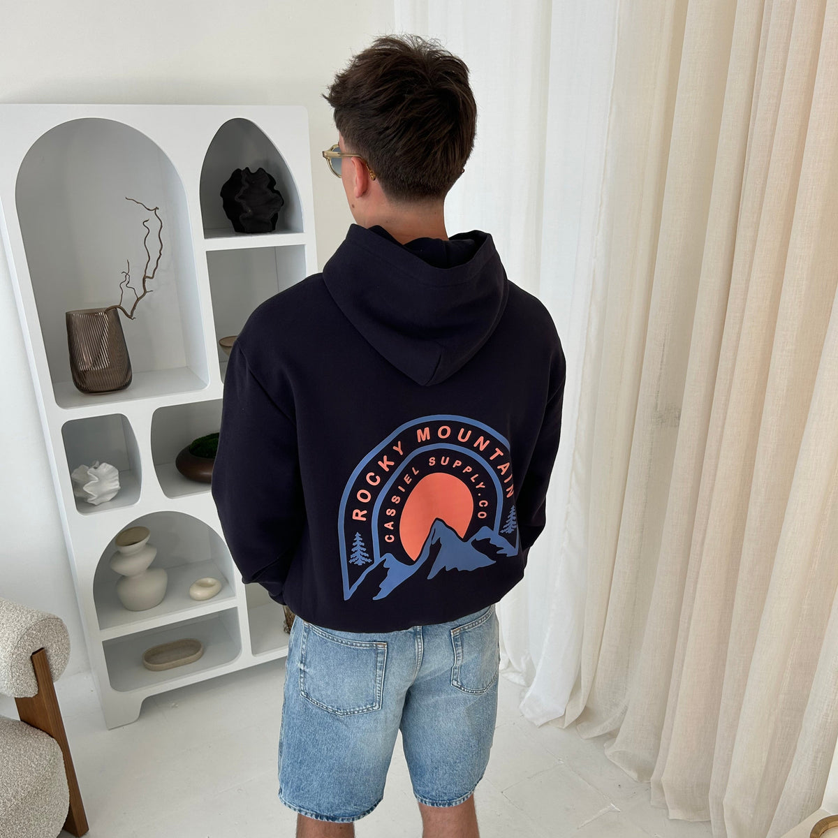 Cassiel Clo Rocky Mountain Navy Box Hoodie Sweatshirt