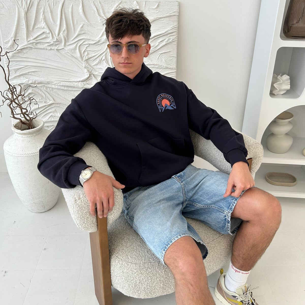 Cassiel Clo Rocky Mountain Navy Box Hoodie Sweatshirt