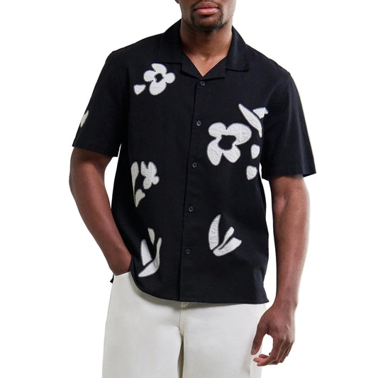 Wax London Didcot Abstract Applique Black Beige SS Shirt