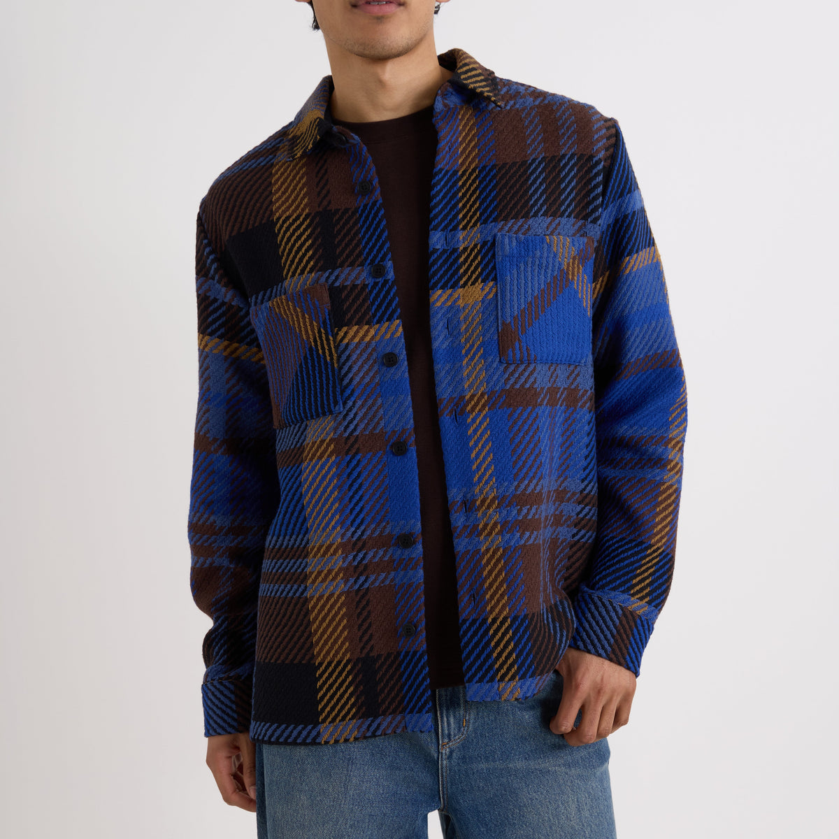 Wax London Whiting Bold Check Blue Brown Overshirt