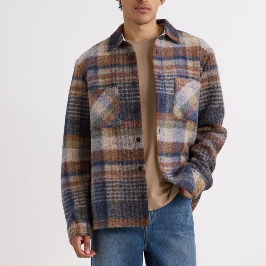 Wax London Whiting Ari Wool Blend Oatmeal Multi Check Overshirt