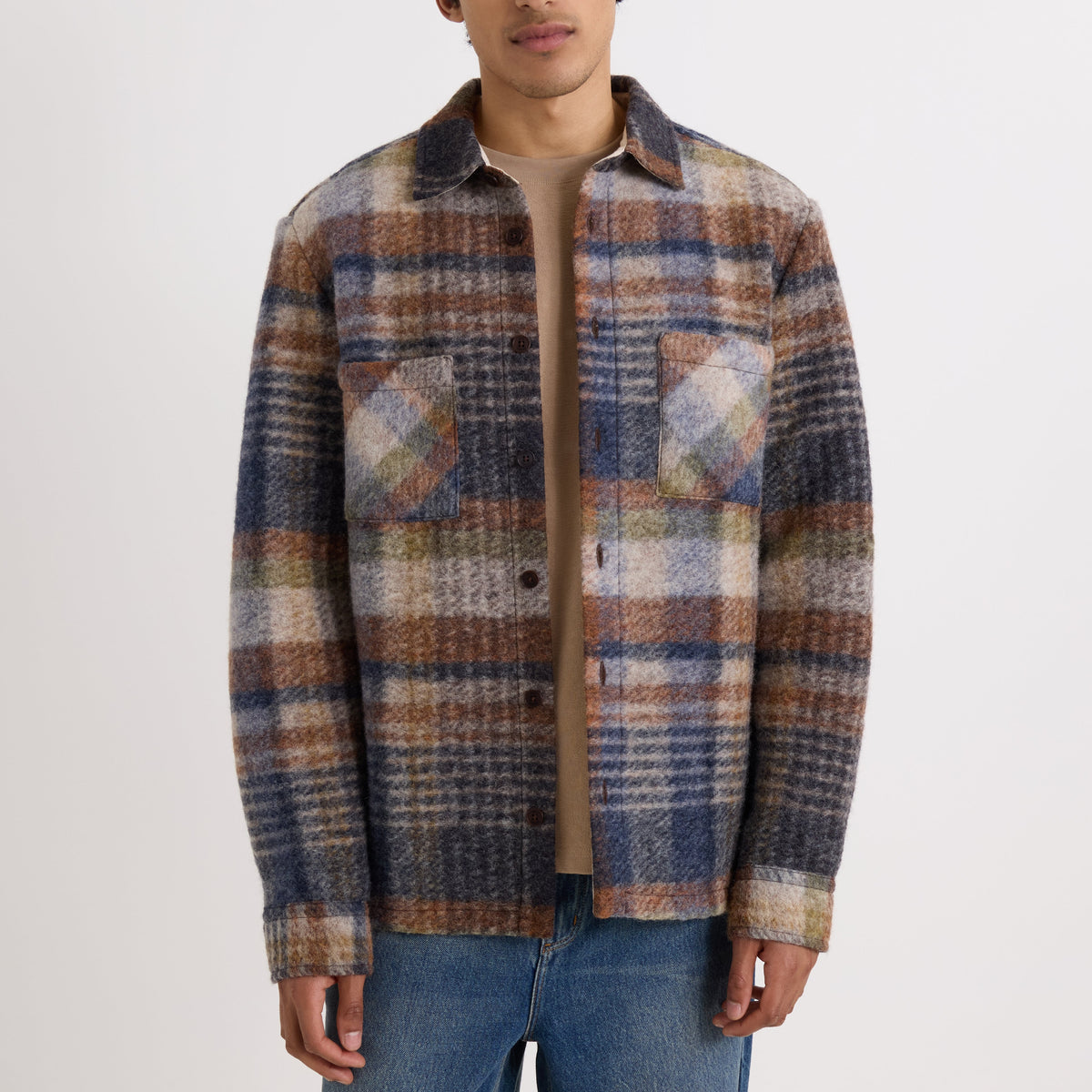 Wax London Whiting Ari Wool Blend Oatmeal Multi Check Overshirt