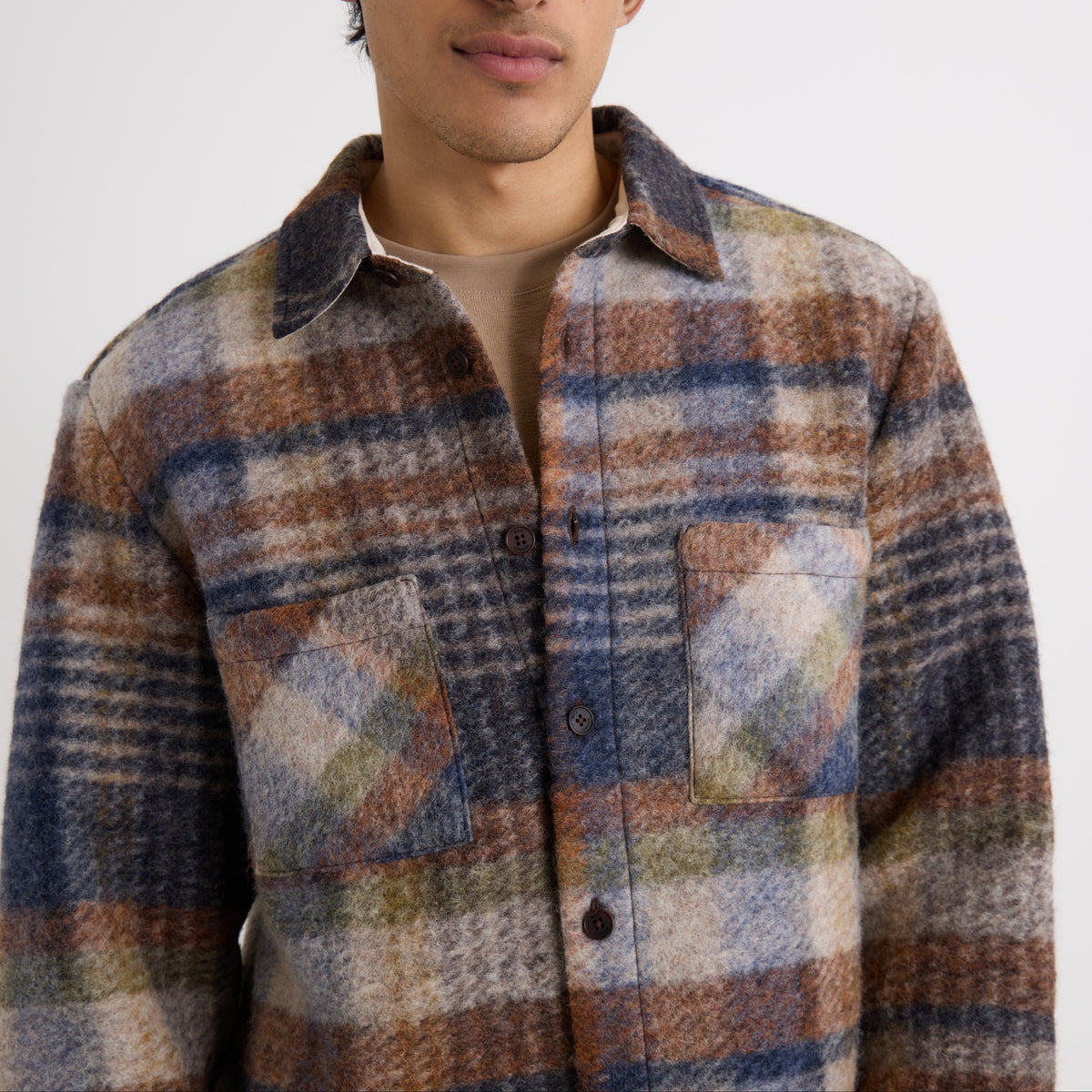 Wax London Whiting Ari Wool Blend Oatmeal Multi Check Overshirt