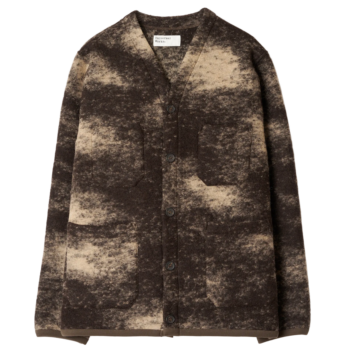 Universal Works Cloud Camo Wool Fleece Brown Cardigan