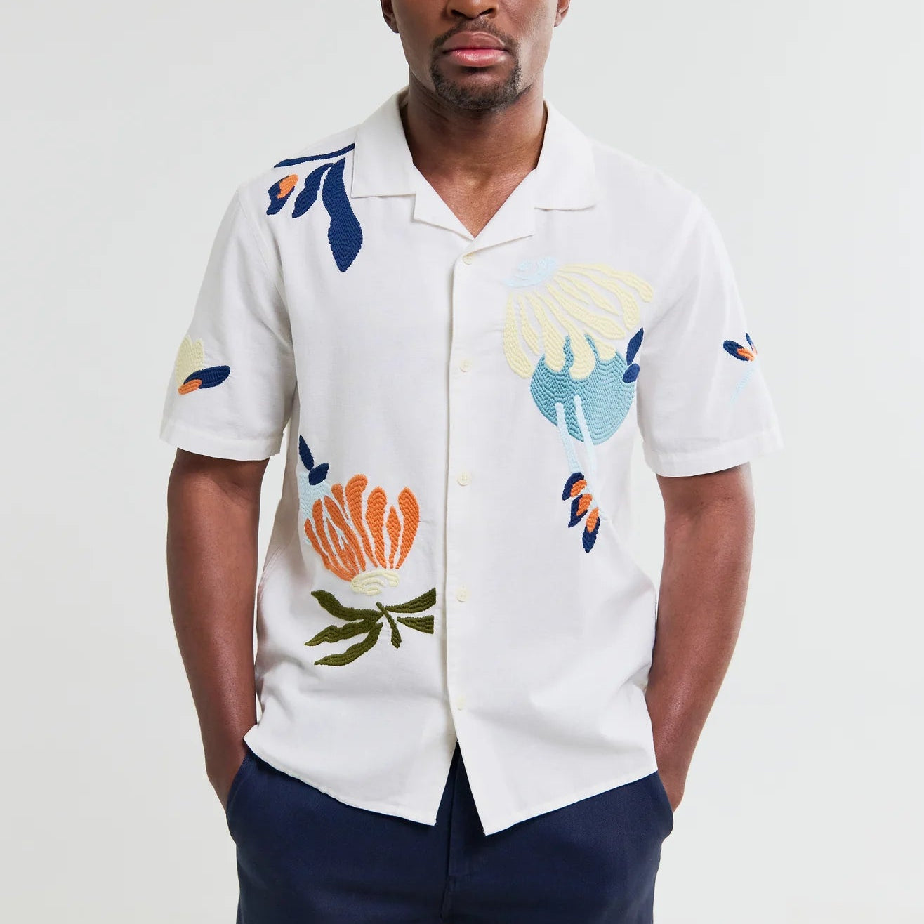 Wax London Didcot Embroidered Flower SS Ecru Shirt
