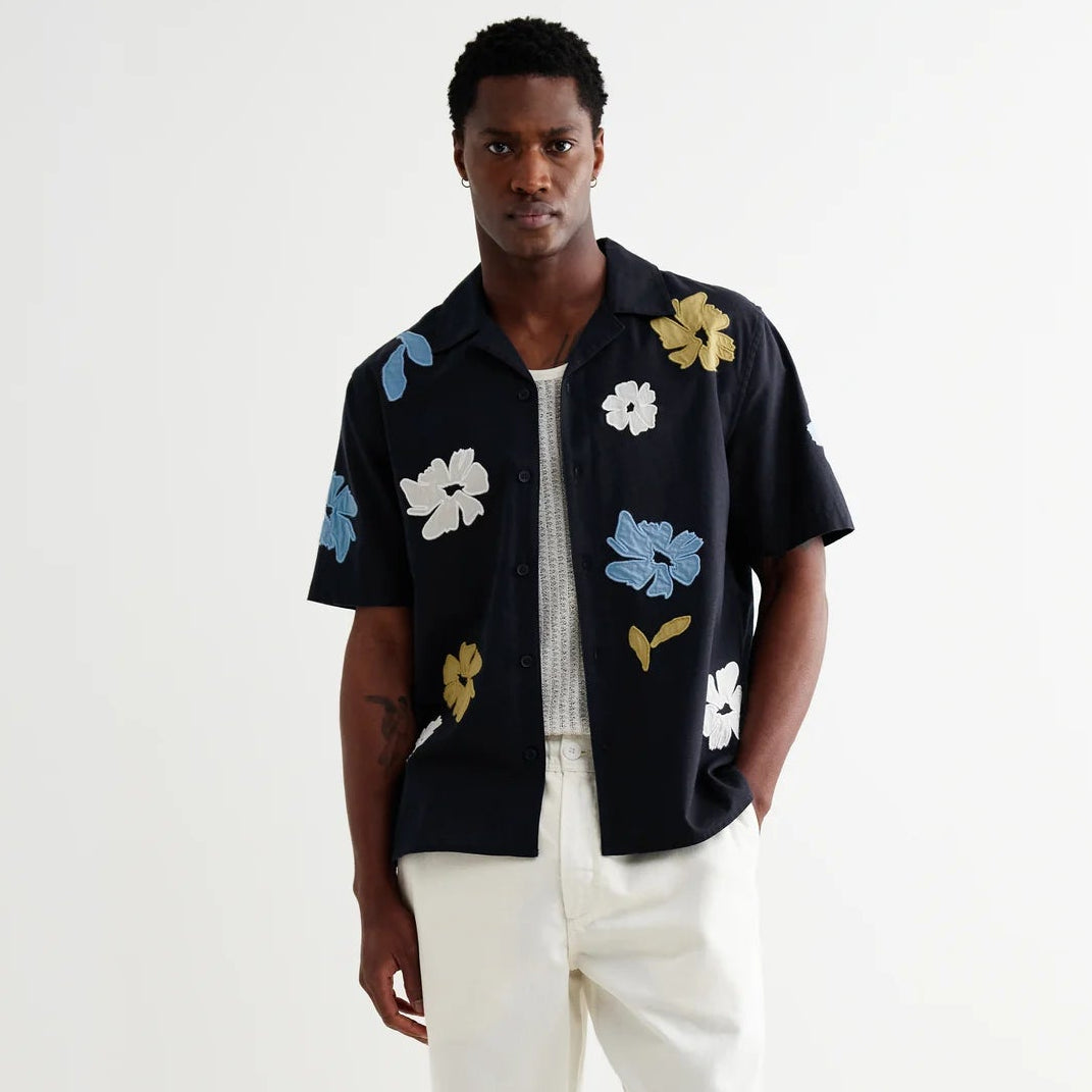 Wax London Didcot Multi Colour Flower Applique SS Navy Shirt