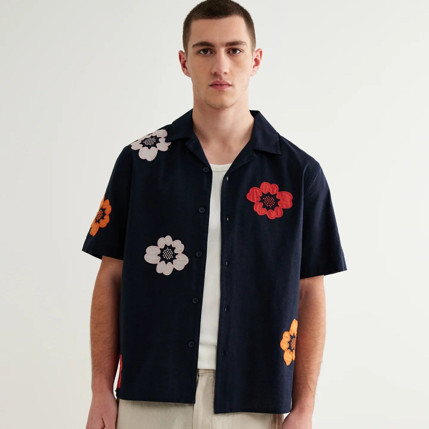 Wax London Didcot Multi Colour Flower Applique SS Navy Shirt