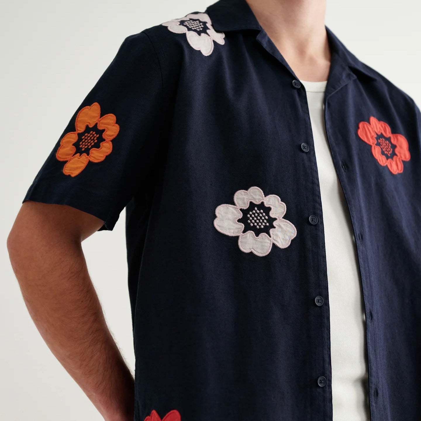 Wax London Didcot Multi Colour Flower Applique SS Navy Shirt