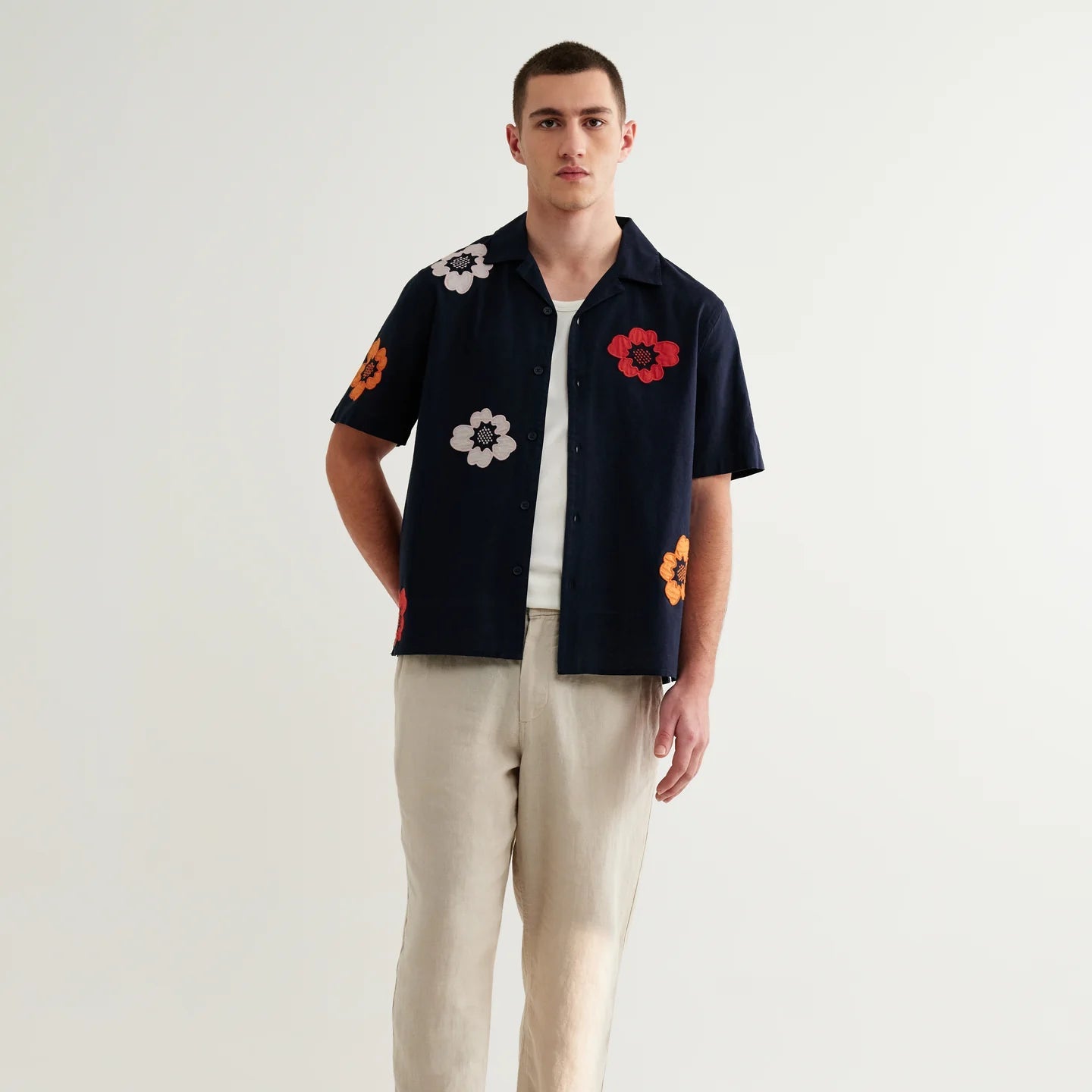 Wax London Didcot Multi Colour Flower Applique SS Navy Shirt