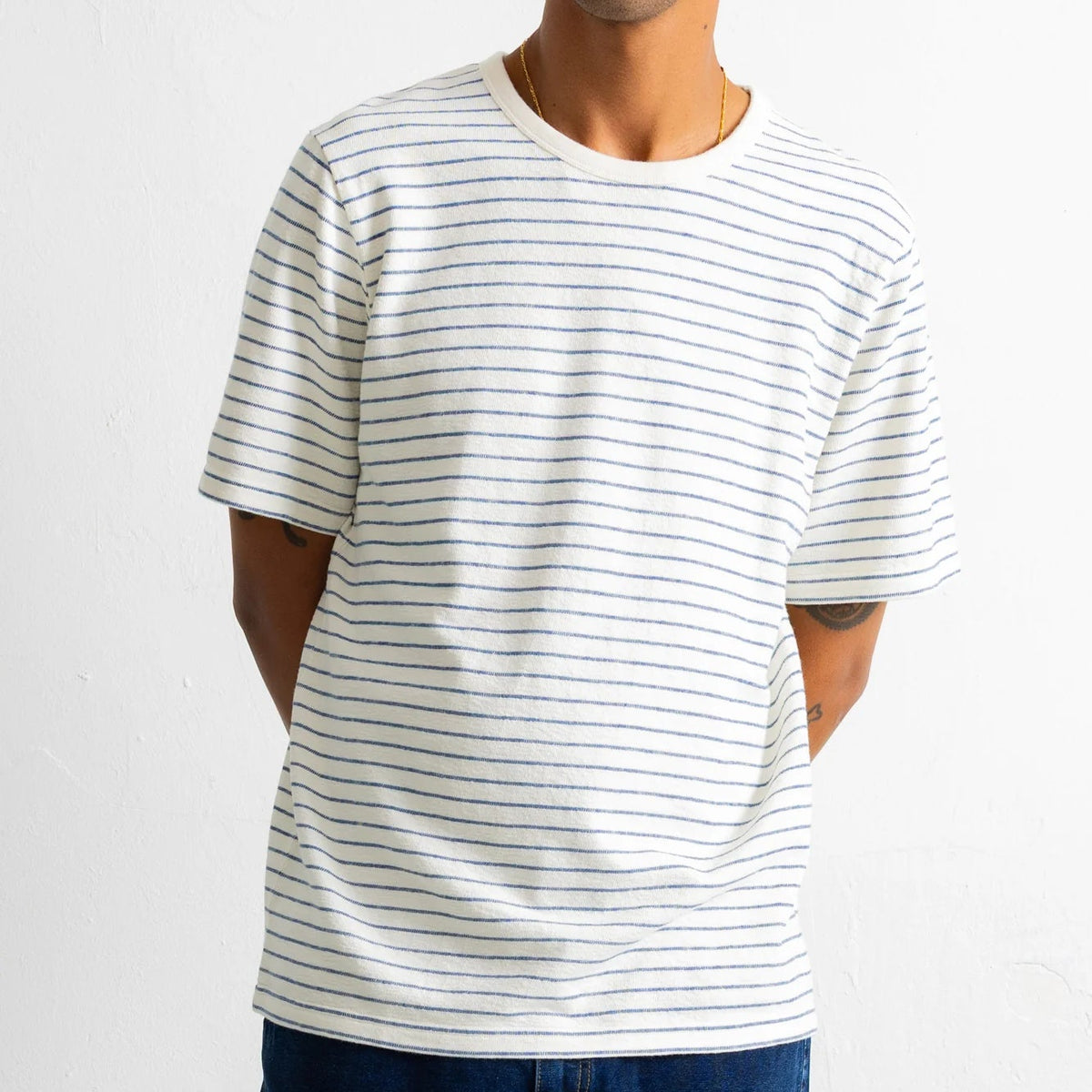 Folk Textured Stripe Ecru Blue Tee