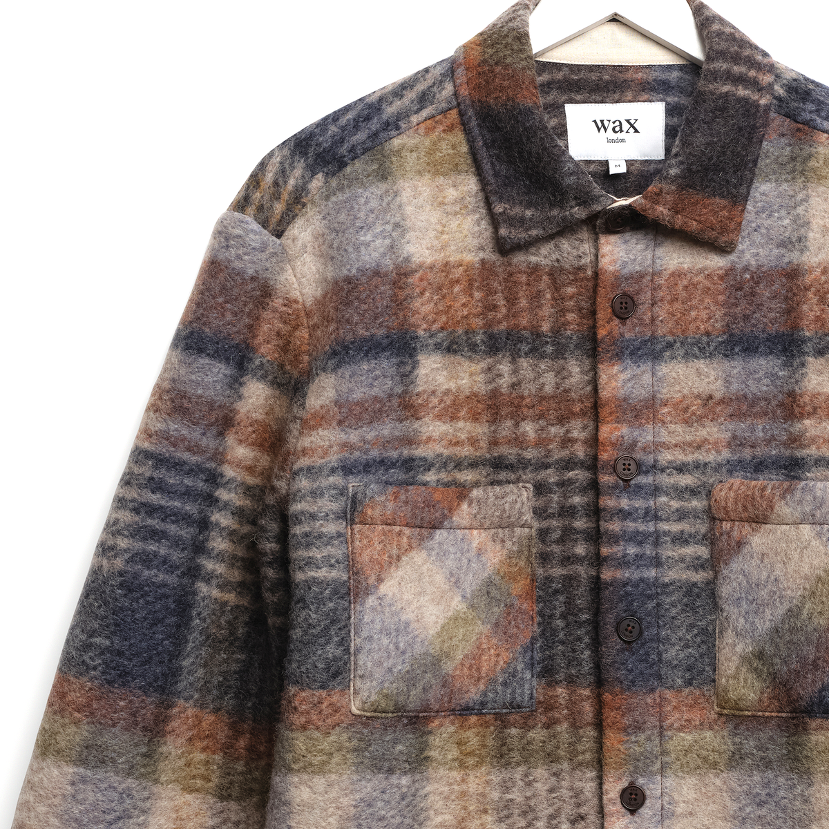 Wax London Whiting Ari Wool Blend Oatmeal Multi Check Overshirt