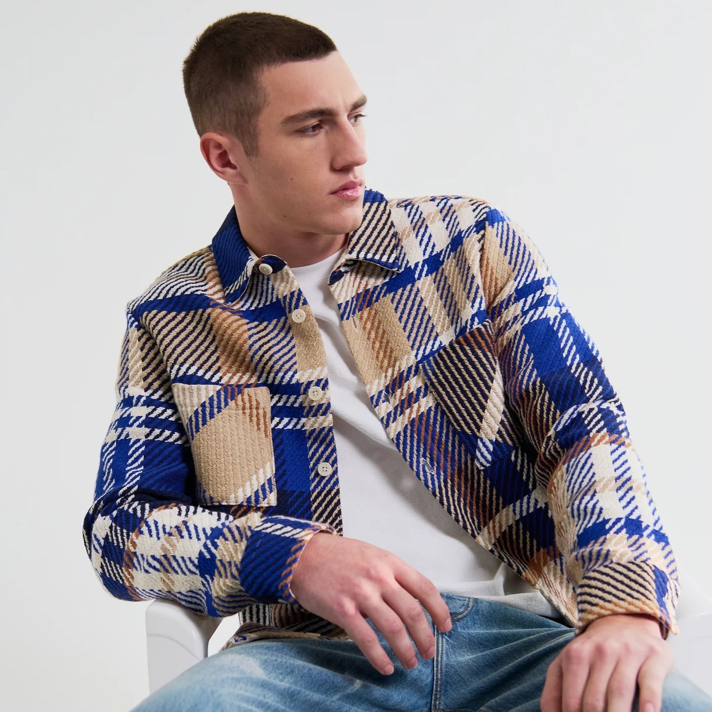 Wax London Whiting Bold Check Blue Tan Overshirt