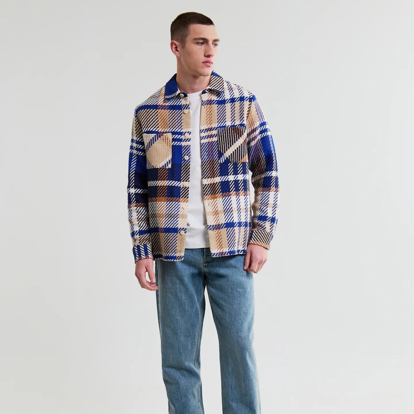 Wax London Whiting Bold Check Blue Tan Overshirt