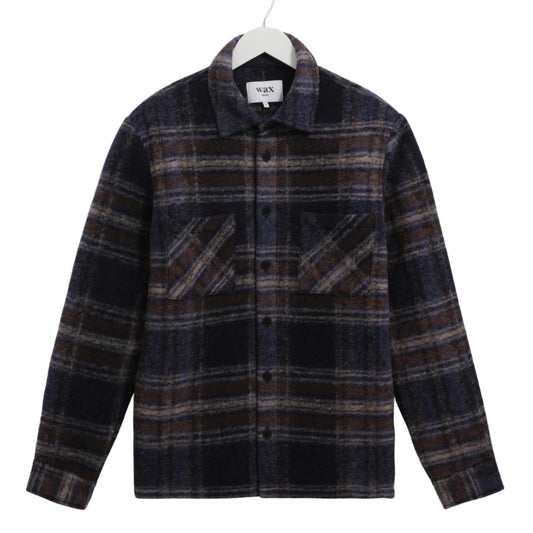 Wax London Whiting Wool Blend Check Navy Overshirt